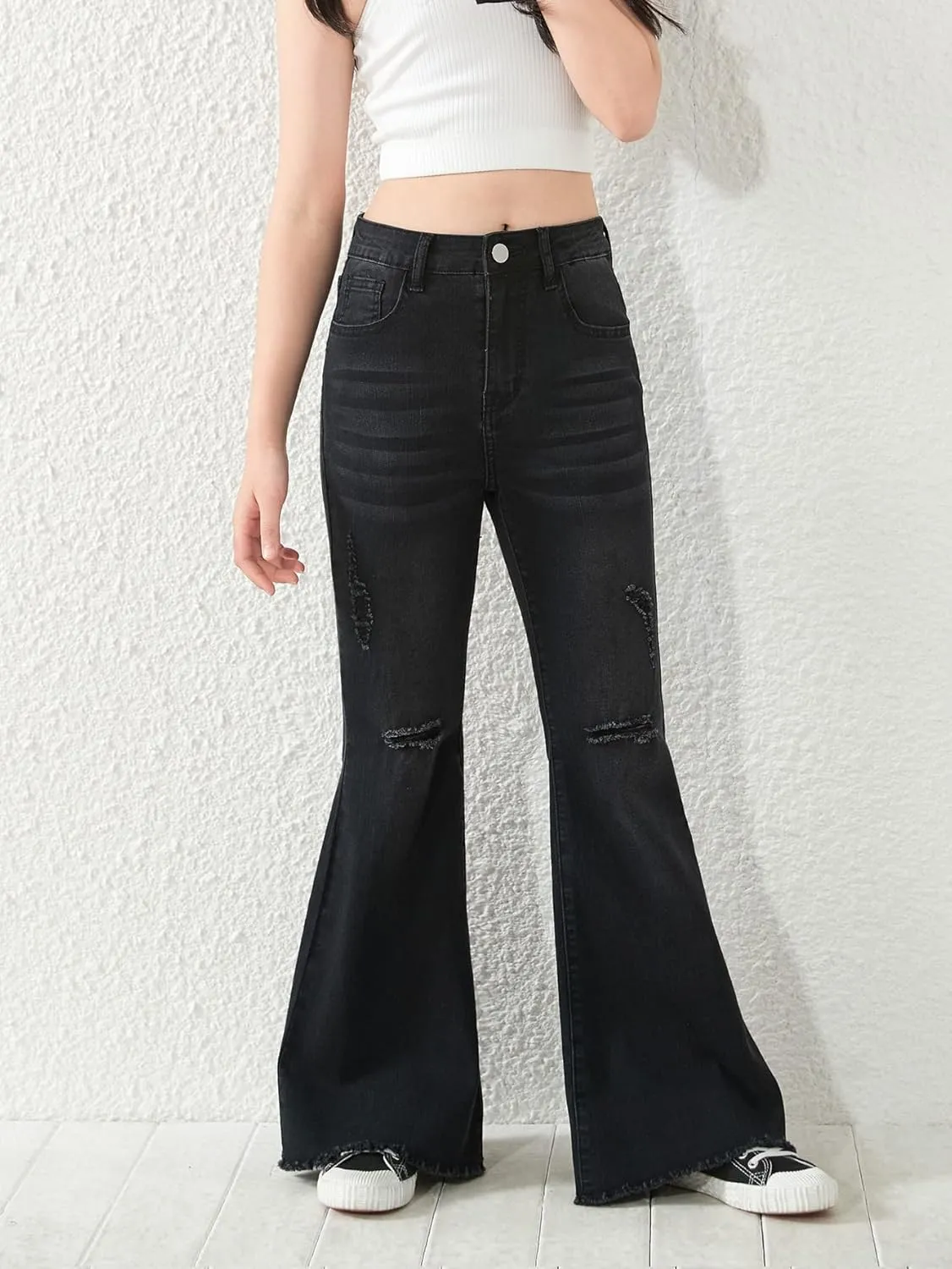 SHENHE Girl's High Waisted Flare Leg Jeans Split Raw Hem Denim Pants with Pockets