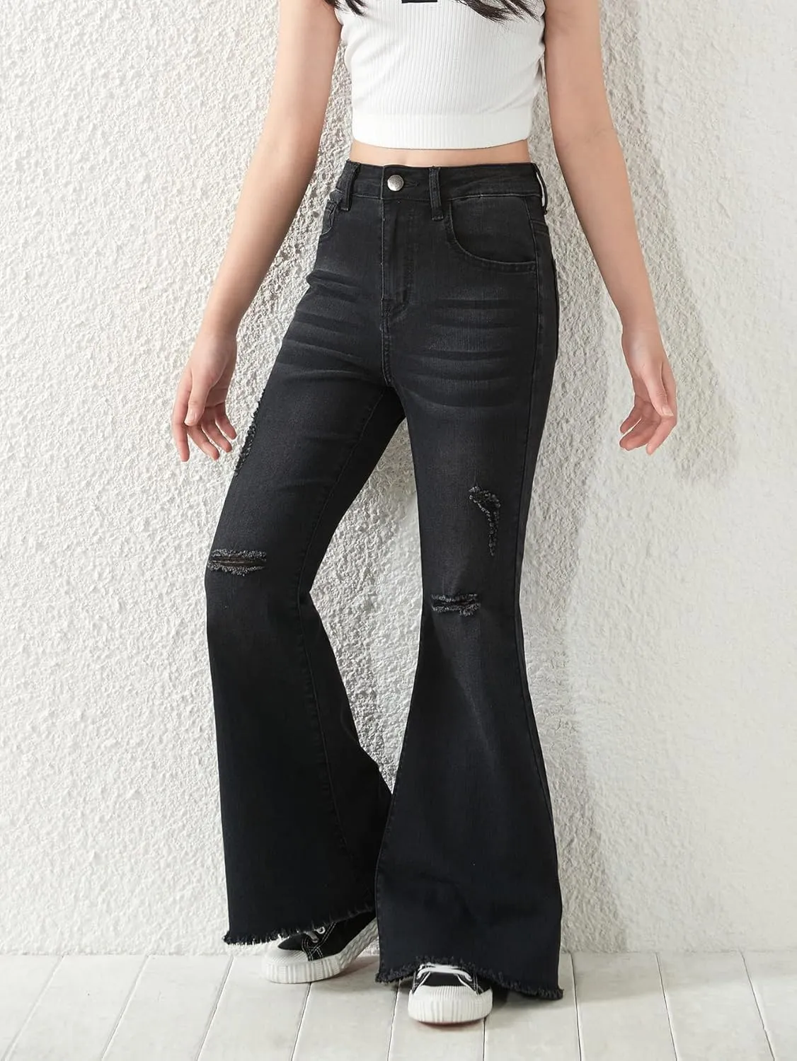 SHENHE Girl's High Waisted Flare Leg Jeans Split Raw Hem Denim Pants with Pockets