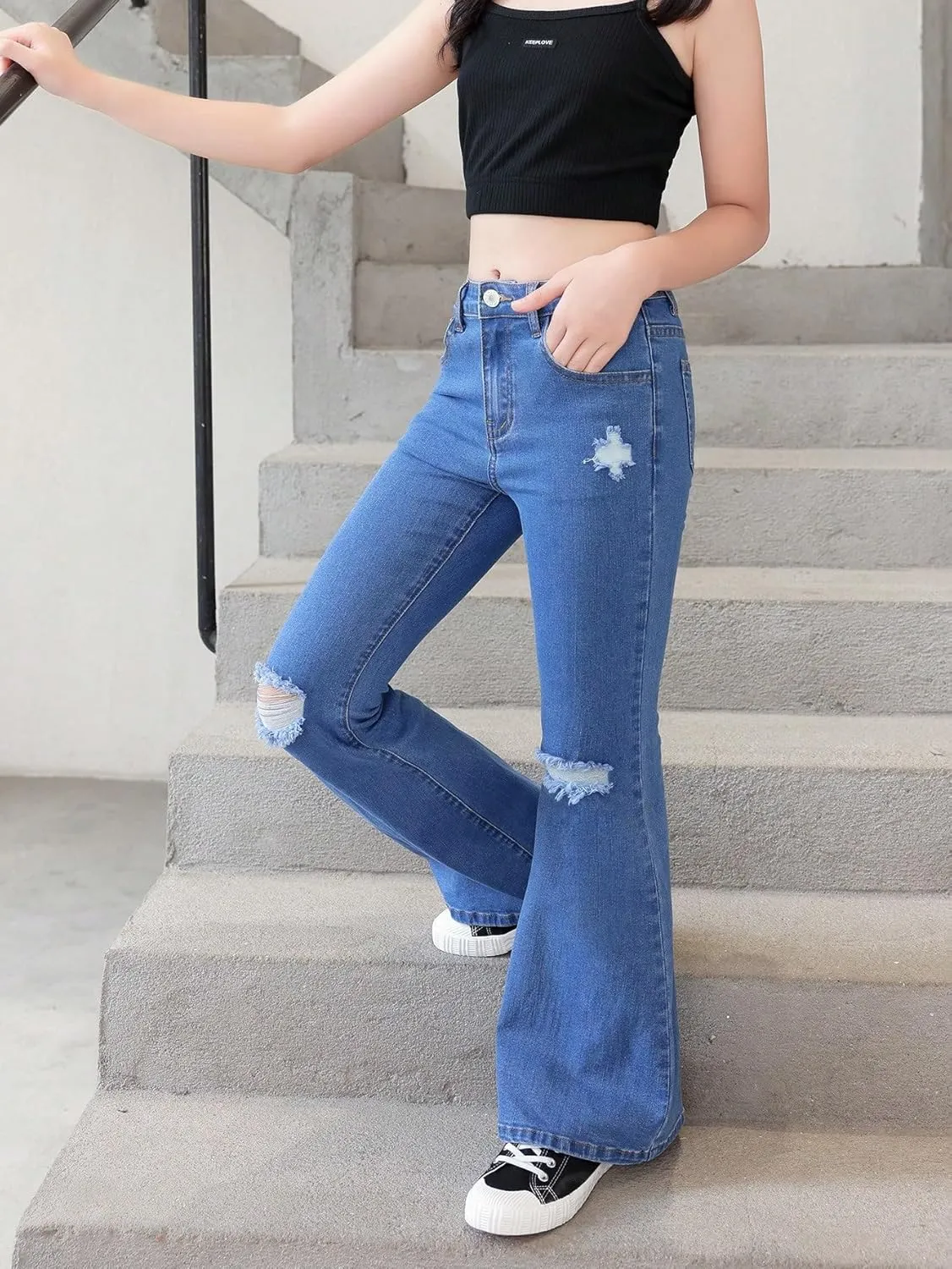 SHENHE Girl's High Waisted Flare Leg Jeans Split Raw Hem Denim Pants with Pockets
