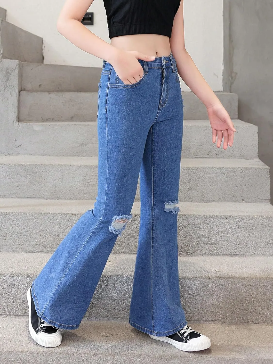 SHENHE Girl's High Waisted Flare Leg Jeans Split Raw Hem Denim Pants with Pockets