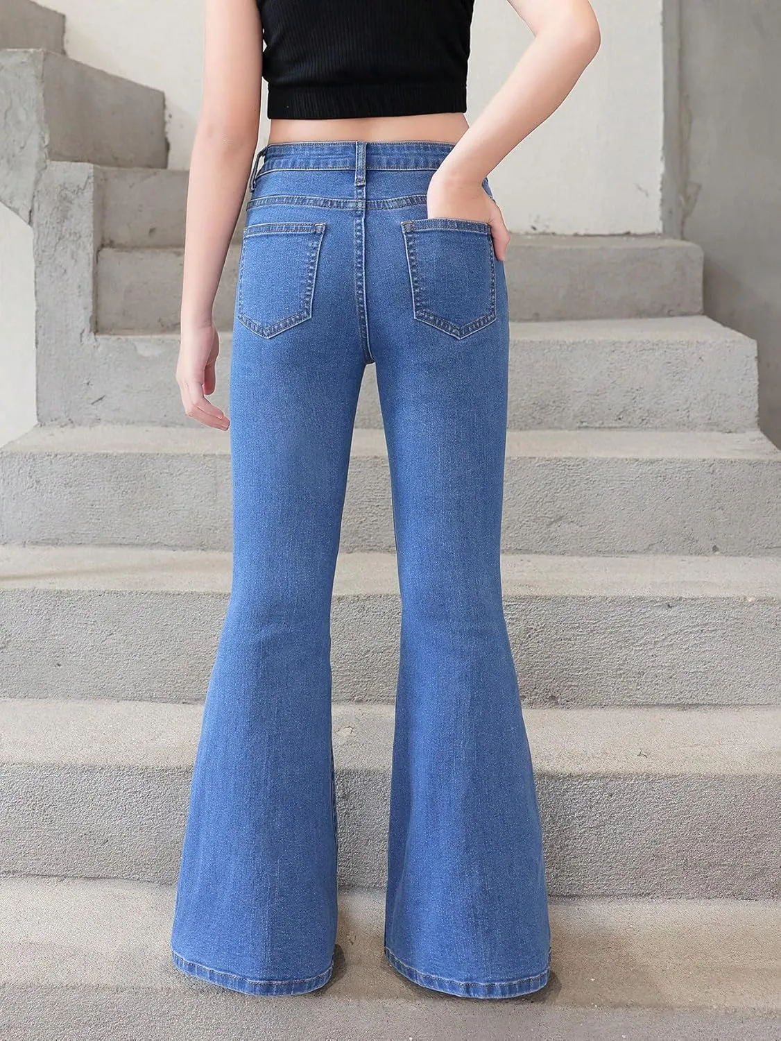 SHENHE Girl's High Waisted Flare Leg Jeans Split Raw Hem Denim Pants with Pockets