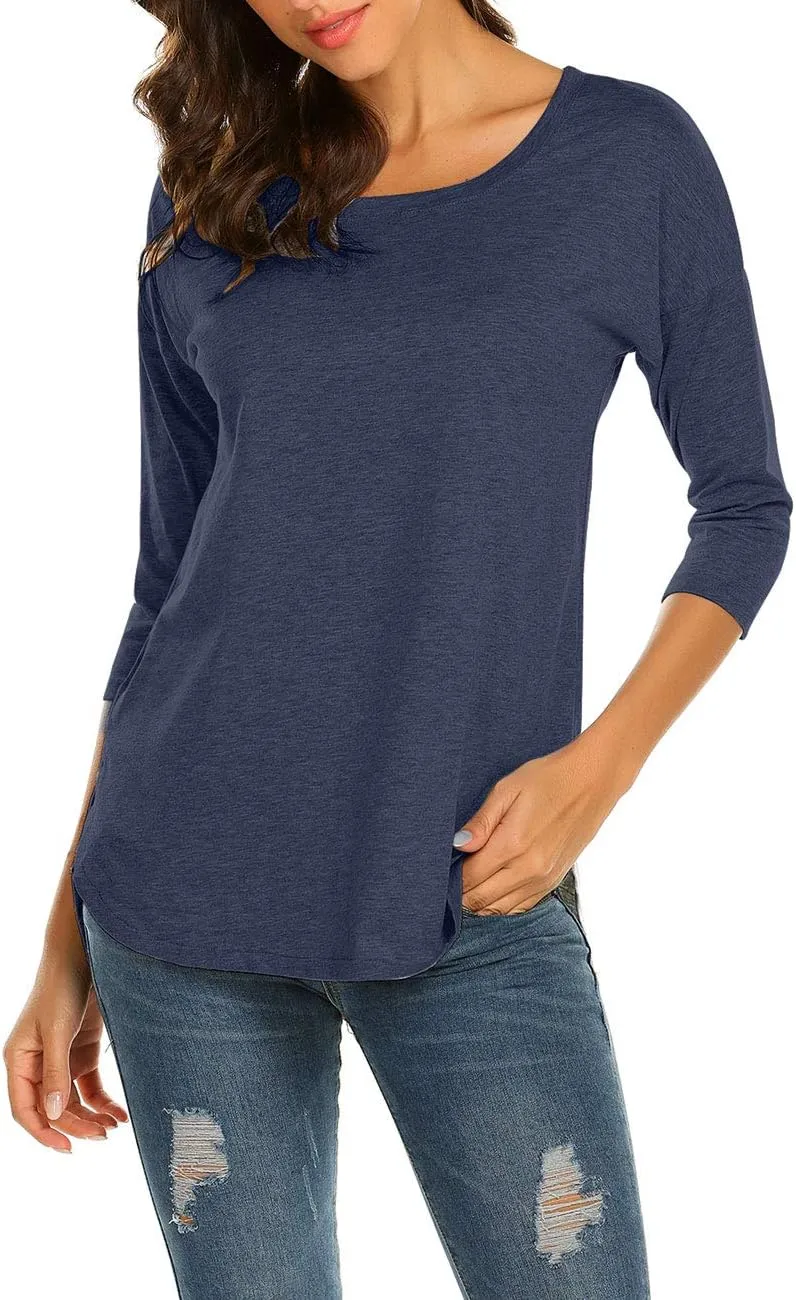 Sherosa Women's Casual 3/4 Sleeve Loose Tunic Tops Scoop Neck T-Shirt