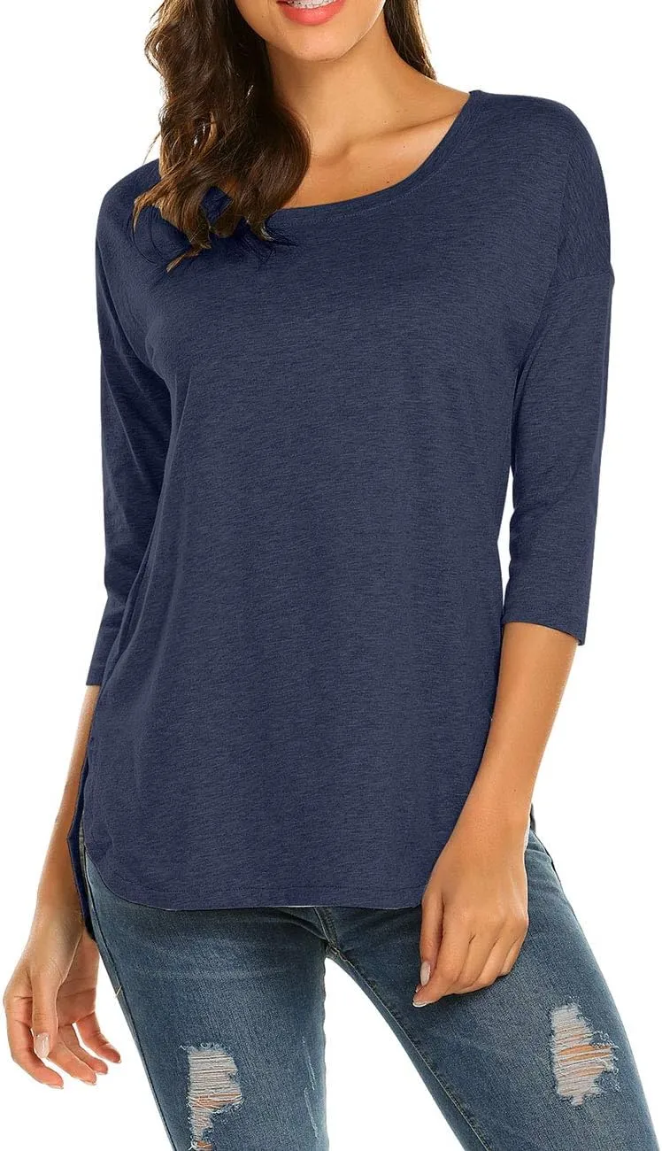 Sherosa Women's Casual 3/4 Sleeve Loose Tunic Tops Scoop Neck T-Shirt