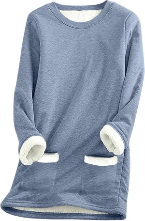 Sherpa Lined Sweatshirt Women Fleece Pullover Sweatshirt with Pockets Crewneck Pullover Fuzzy Thermal Underwear Tops