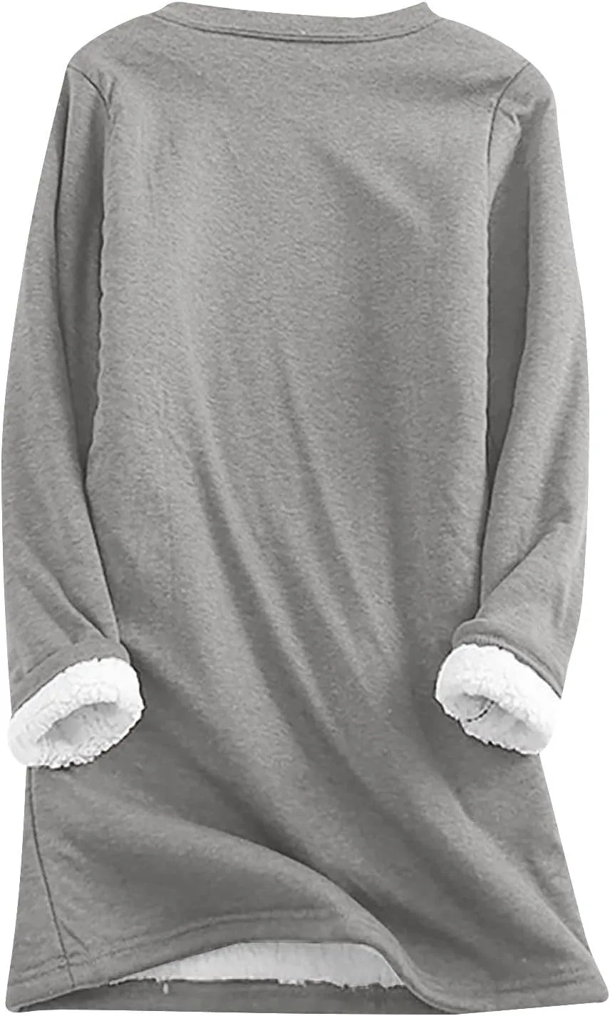 Sherpa Lined Sweatshirt Women Fleece Pullover Sweatshirt with Pockets Crewneck Pullover Fuzzy Thermal Underwear Tops