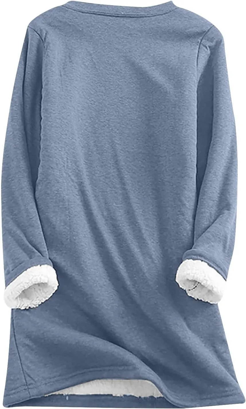 Sherpa Lined Sweatshirt Women Fleece Pullover Sweatshirt with Pockets Crewneck Pullover Fuzzy Thermal Underwear Tops