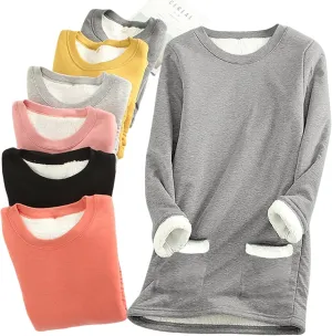 Sherpa Lined Sweatshirt Women Fleece Pullover Sweatshirt with Pockets Crewneck Pullover Fuzzy Thermal Underwear Tops