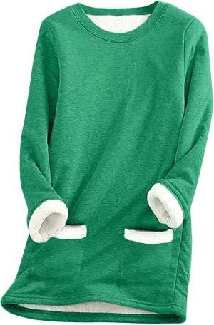 Sherpa Lined Sweatshirt Women Fleece Pullover Sweatshirt with Pockets Crewneck Pullover Fuzzy Thermal Underwear Tops