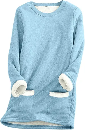 Sherpa Lined Sweatshirt Women Fleece Pullover Sweatshirt with Pockets Crewneck Pullover Fuzzy Thermal Underwear Tops