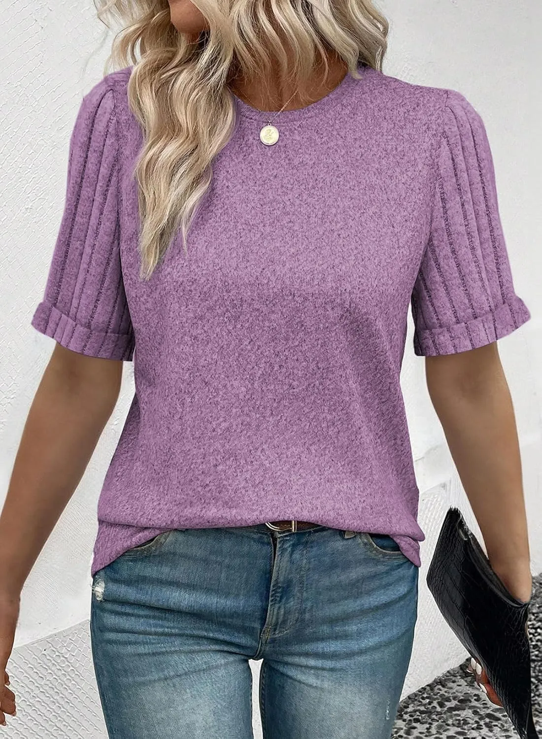SHEWIN Women's Short Sleeve Summer Tops Crewneck Knit Solid Loose Casual Basic T Shirts Tee Blouses