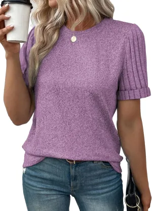 SHEWIN Women's Short Sleeve Summer Tops Crewneck Knit Solid Loose Casual Basic T Shirts Tee Blouses