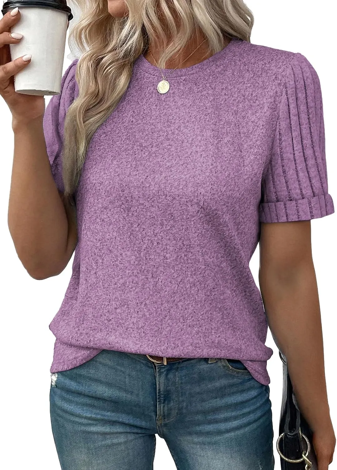 SHEWIN Women's Short Sleeve Summer Tops Crewneck Knit Solid Loose Casual Basic T Shirts Tee Blouses