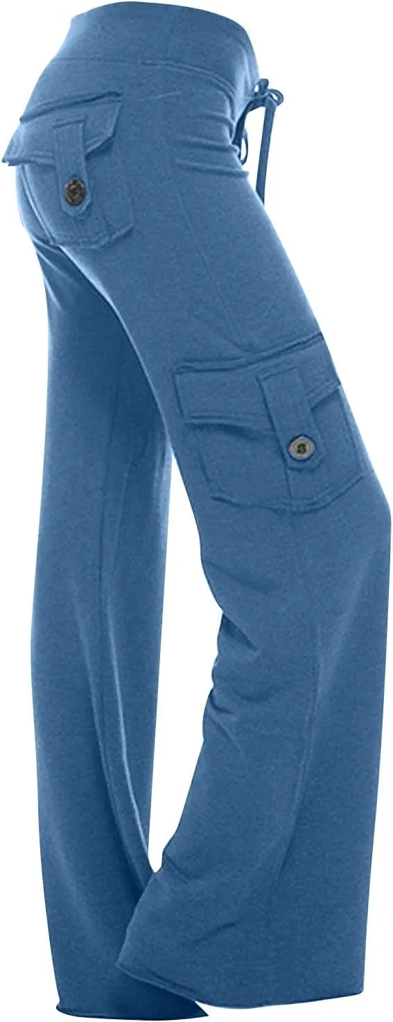 SHOPESSA Wide Leg Cargo Pants for Women High Rise Yoga Leggings with Pockets Plus Size Y2K Drawstring Straight Leg Pants