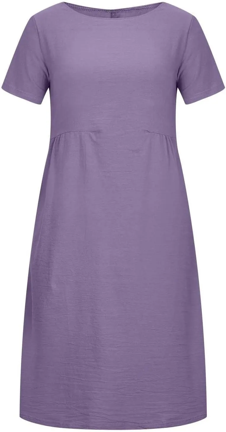 Short Sleeve Midi Dress for Women Summer Cotton Linen Dresses Flowy A Line Plus Size Dresses Shirt Dress with Pocket