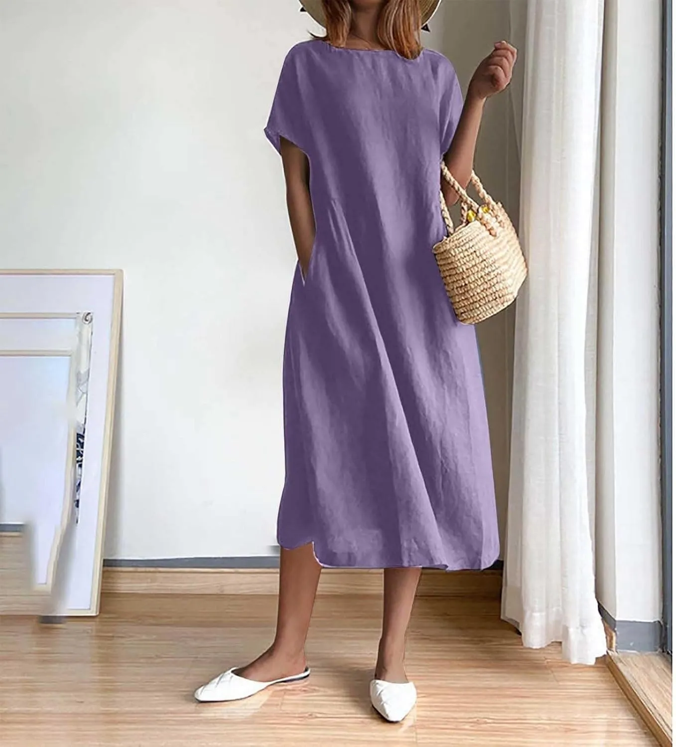 Short Sleeve Midi Dress for Women Summer Cotton Linen Dresses Flowy A Line Plus Size Dresses Shirt Dress with Pocket
