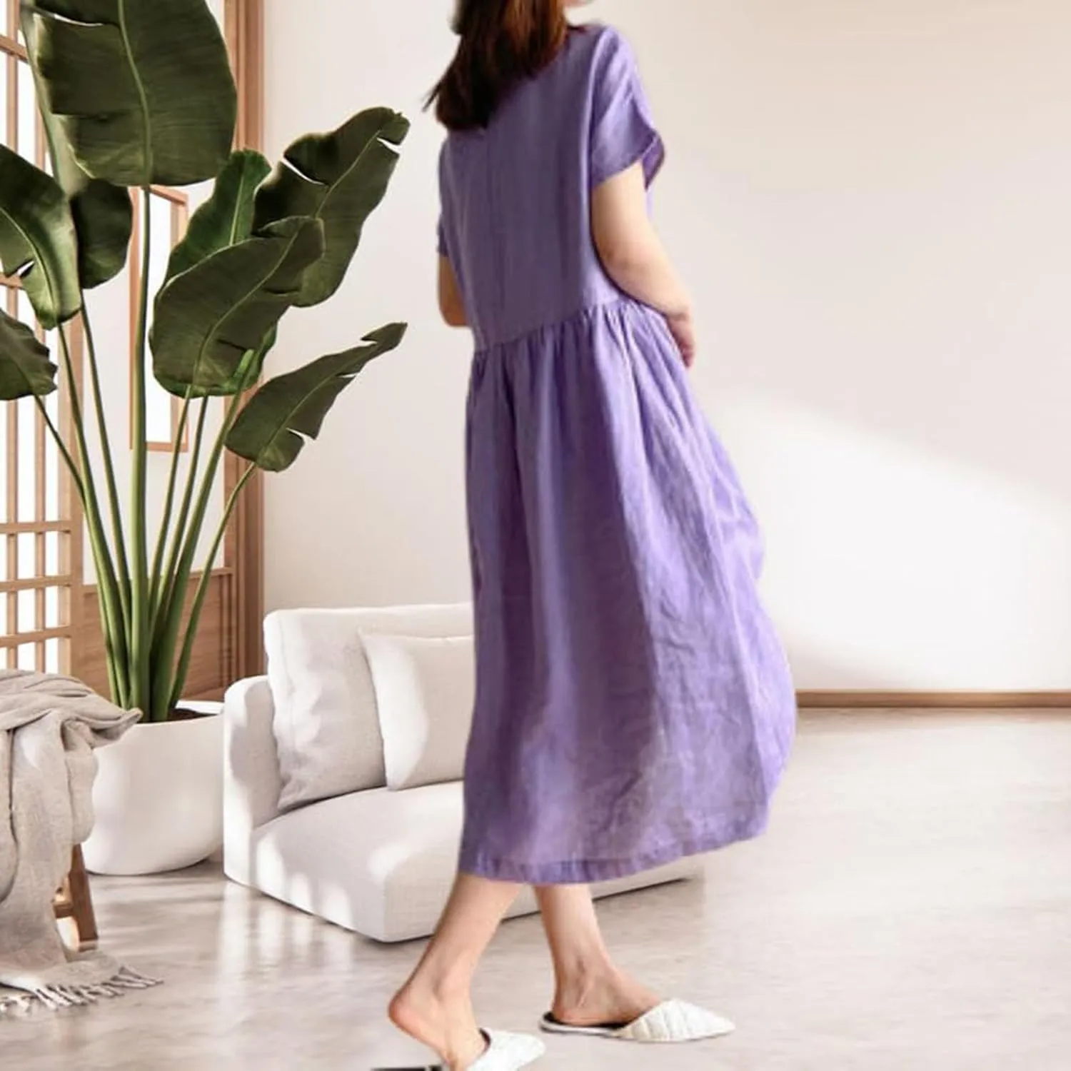 Short Sleeve Midi Dress for Women Summer Cotton Linen Dresses Flowy A Line Plus Size Dresses Shirt Dress with Pocket