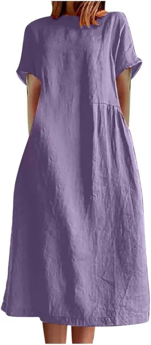 Short Sleeve Midi Dress for Women Summer Cotton Linen Dresses Flowy A Line Plus Size Dresses Shirt Dress with Pocket