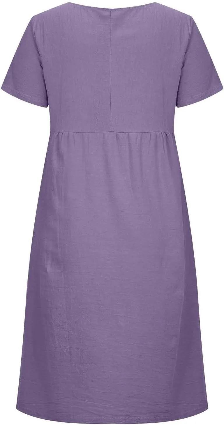 Short Sleeve Midi Dress for Women Summer Cotton Linen Dresses Flowy A Line Plus Size Dresses Shirt Dress with Pocket