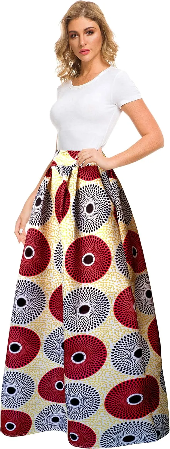 Sinono Women's African Printed Maxi Skirt Flared A Line Long Skirts