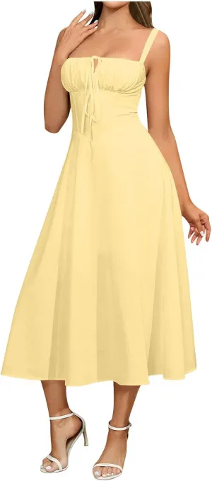Sinzelimin Dresses for Women Sexy Sleeveless Lace up Corset Sling Midi Dress Summer Fashion Solid Color Beach Casual Sundress
