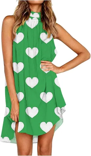 Sinzelimin Women Summer Beach Dress Fashion Heart Printed Sleeveless Irregular Hem Casual Sundress Turtleneck Mini Tank Dress
