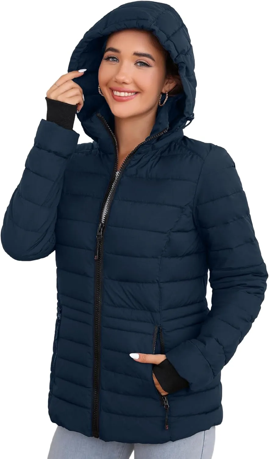SLOWTOWN Womens Lightweight Puffer Jacket Packable Hooded Puffer Jacket Winter Puffy Coat