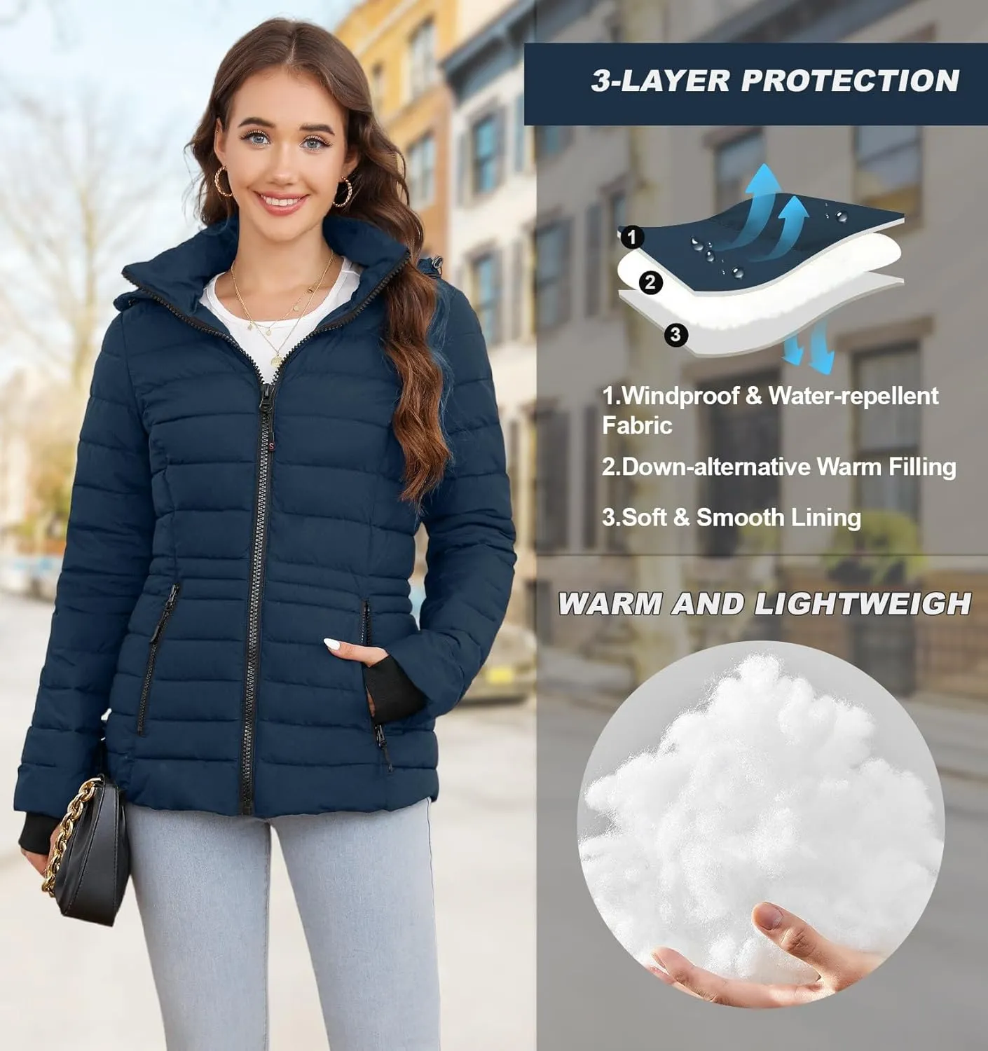 SLOWTOWN Womens Lightweight Puffer Jacket Packable Hooded Puffer Jacket Winter Puffy Coat