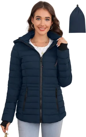 SLOWTOWN Womens Lightweight Puffer Jacket Packable Hooded Puffer Jacket Winter Puffy Coat