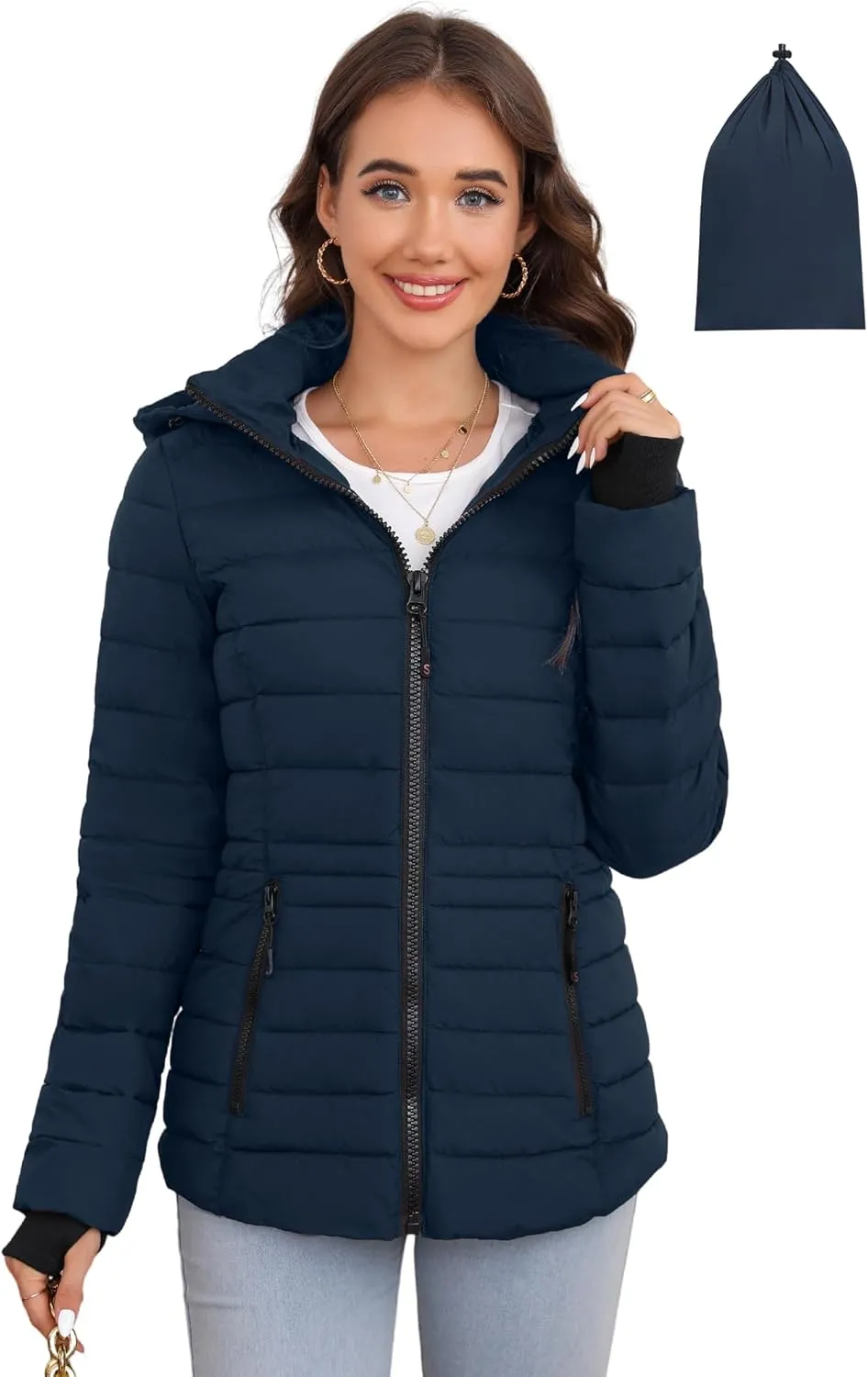 SLOWTOWN Womens Lightweight Puffer Jacket Packable Hooded Puffer Jacket Winter Puffy Coat