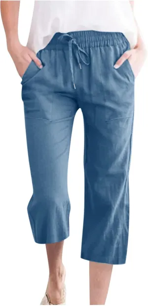 SMIDOW Capri Pants for Women Casual 2025 Summer Drawstring Elastic High Waist Linen Pant Straight Wide Leg Cropped Trouser