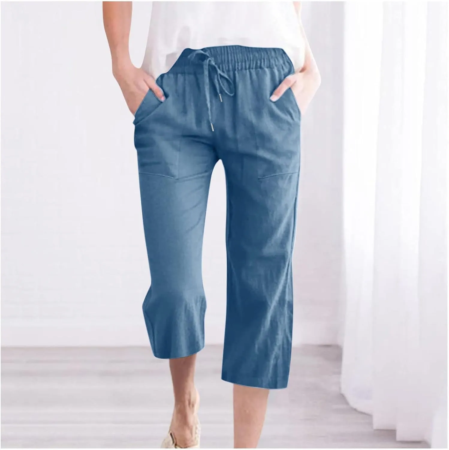 SMIDOW Capri Pants for Women Casual 2025 Summer Drawstring Elastic High Waist Linen Pant Straight Wide Leg Cropped Trouser