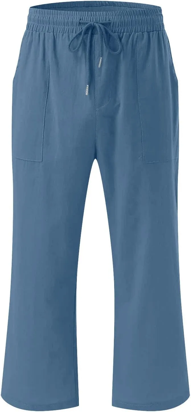 SMIDOW Capri Pants for Women Casual 2025 Summer Drawstring Elastic High Waist Linen Pant Straight Wide Leg Cropped Trouser