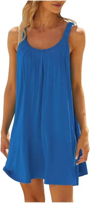 SMIDOW Summer Dresses for Women 2023 Casual Beach Sleeveless Pleated Flowy Sundress Sexy Beach Cover Up Plain Mini Tank Dress