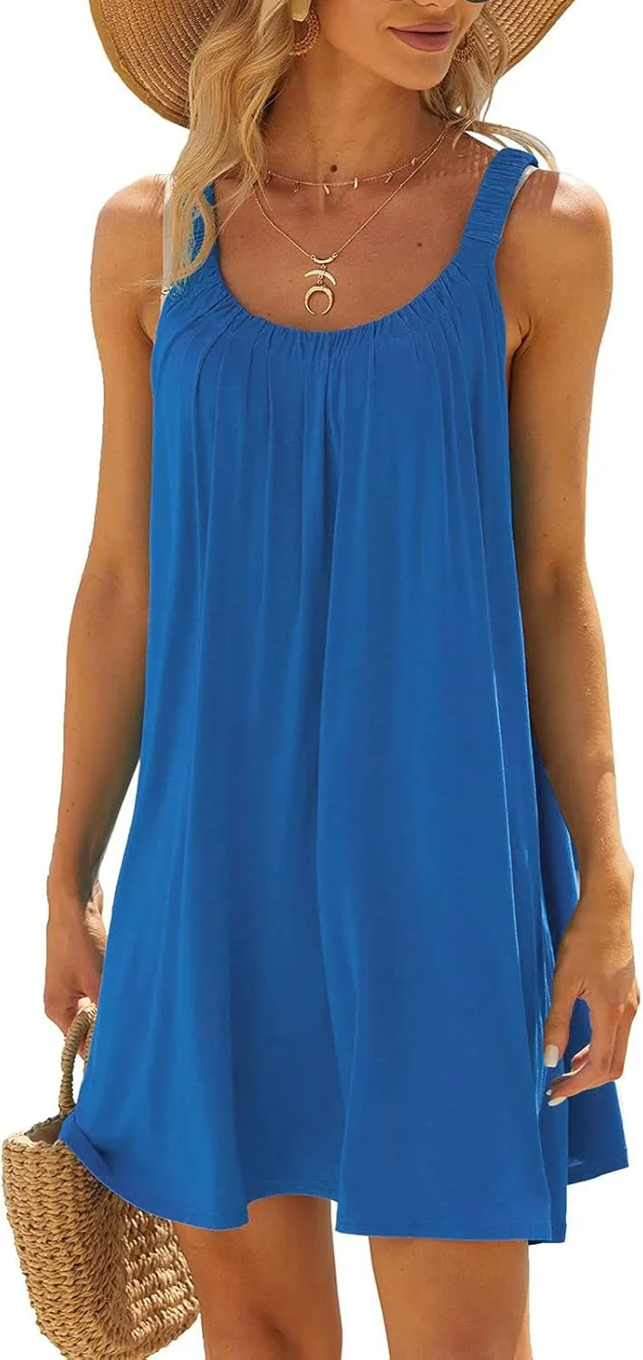 SMIDOW Summer Dresses for Women 2023 Casual Beach Sleeveless Pleated Flowy Sundress Sexy Beach Cover Up Plain Mini Tank Dress