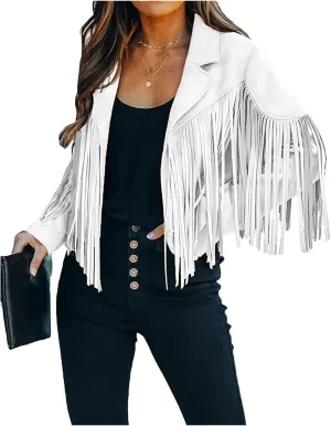 Smoneyful Womens Faux Suede Fringe Jacket Long Sleeve Slim Tassel Motorcycle Jacket Cropped Faux Leather Jacket with Tassles