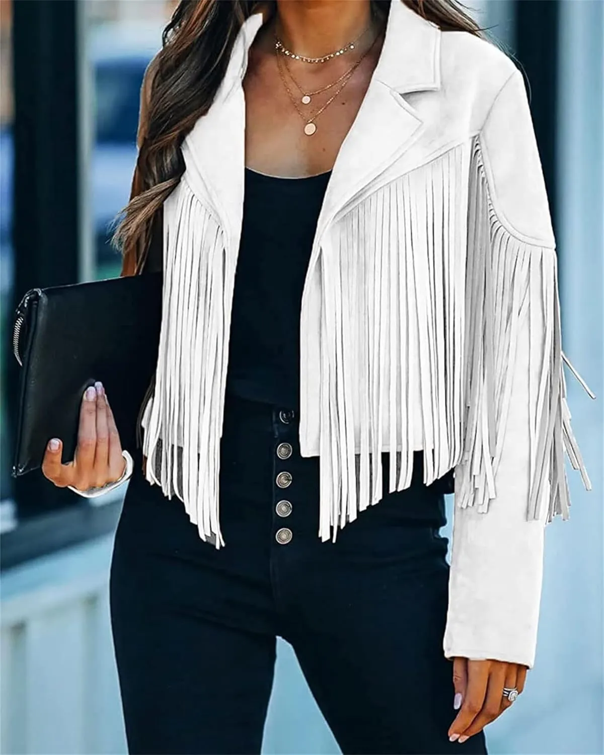 Smoneyful Womens Faux Suede Fringe Jacket Long Sleeve Slim Tassel Motorcycle Jacket Cropped Faux Leather Jacket with Tassles