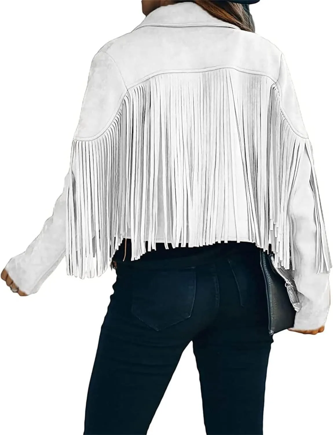 Smoneyful Womens Faux Suede Fringe Jacket Long Sleeve Slim Tassel Motorcycle Jacket Cropped Faux Leather Jacket with Tassles