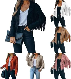 Smoneyful Womens Faux Suede Fringe Jacket Long Sleeve Slim Tassel Motorcycle Jacket Cropped Faux Leather Jacket with Tassles