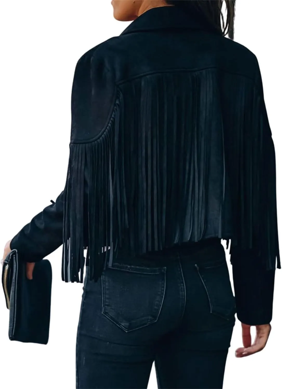 Smoneyful Womens Faux Suede Fringe Jacket Long Sleeve Slim Tassel Motorcycle Jacket Cropped Faux Leather Jacket with Tassles