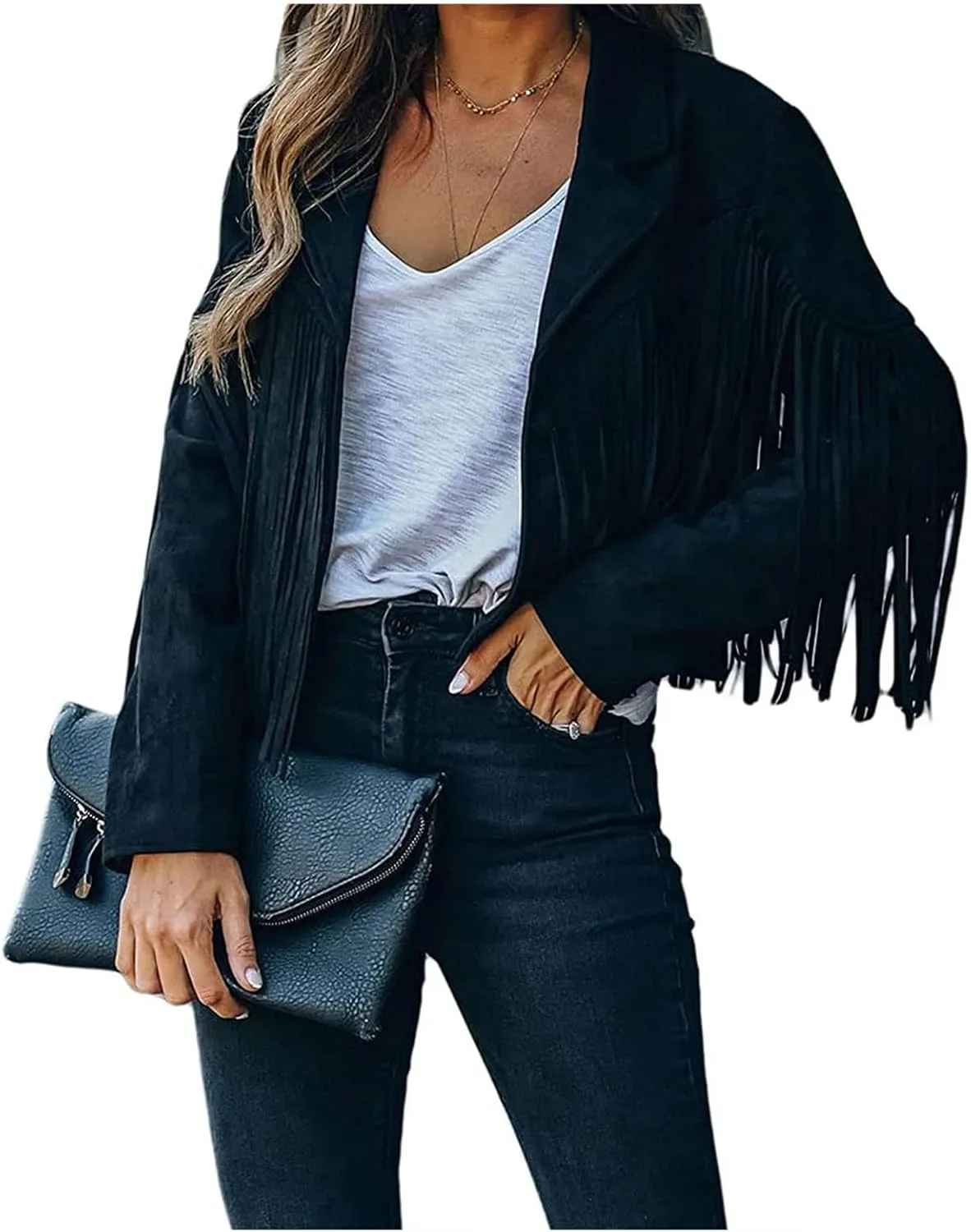 Smoneyful Womens Faux Suede Fringe Jacket Long Sleeve Slim Tassel Motorcycle Jacket Cropped Faux Leather Jacket with Tassles