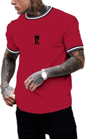 SOLY HUX Men's Crown Letter Print Striped Trim Tee Tops Short Sleeve Crew Neck Summer T Shirt