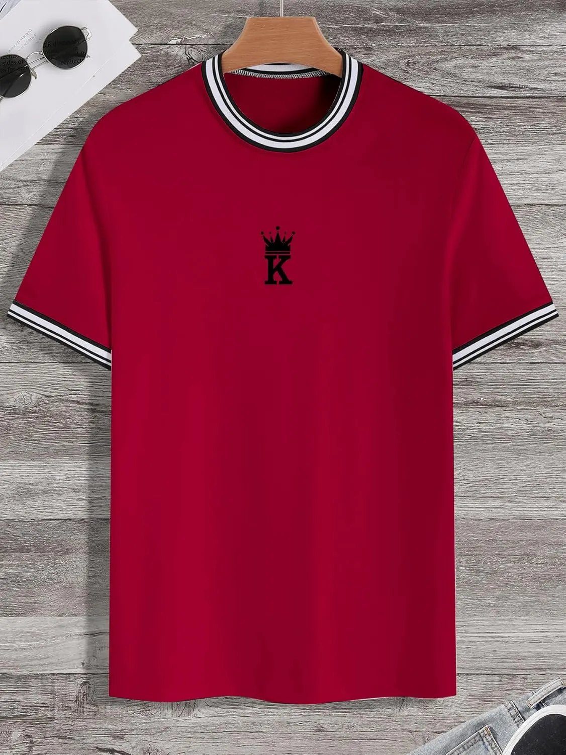 SOLY HUX Men's Crown Letter Print Striped Trim Tee Tops Short Sleeve Crew Neck Summer T Shirt