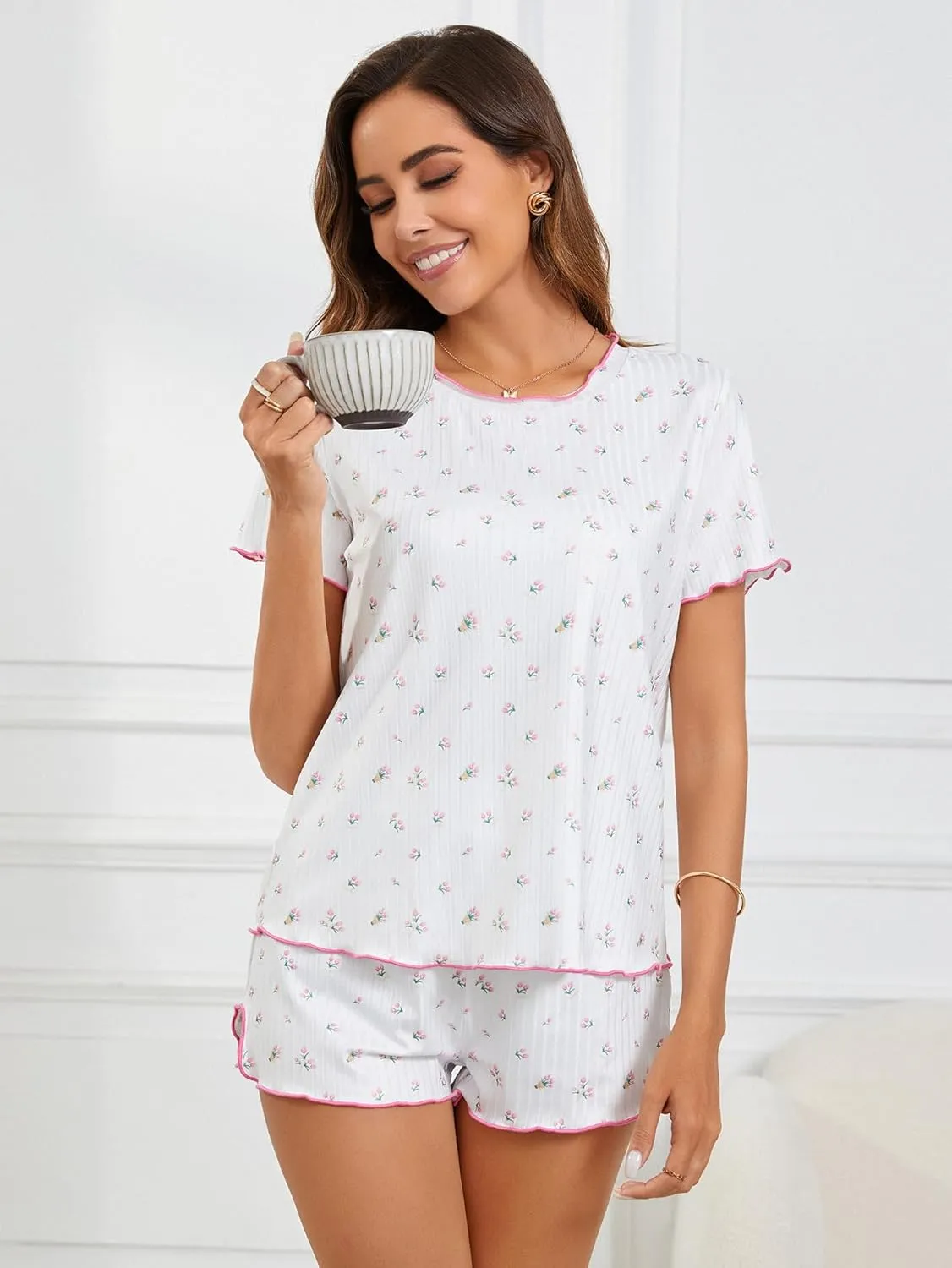 SOLY HUX Pajama Set for Women Cute Print Short Sleeve Tee and Shorts Lounge Sleepwear