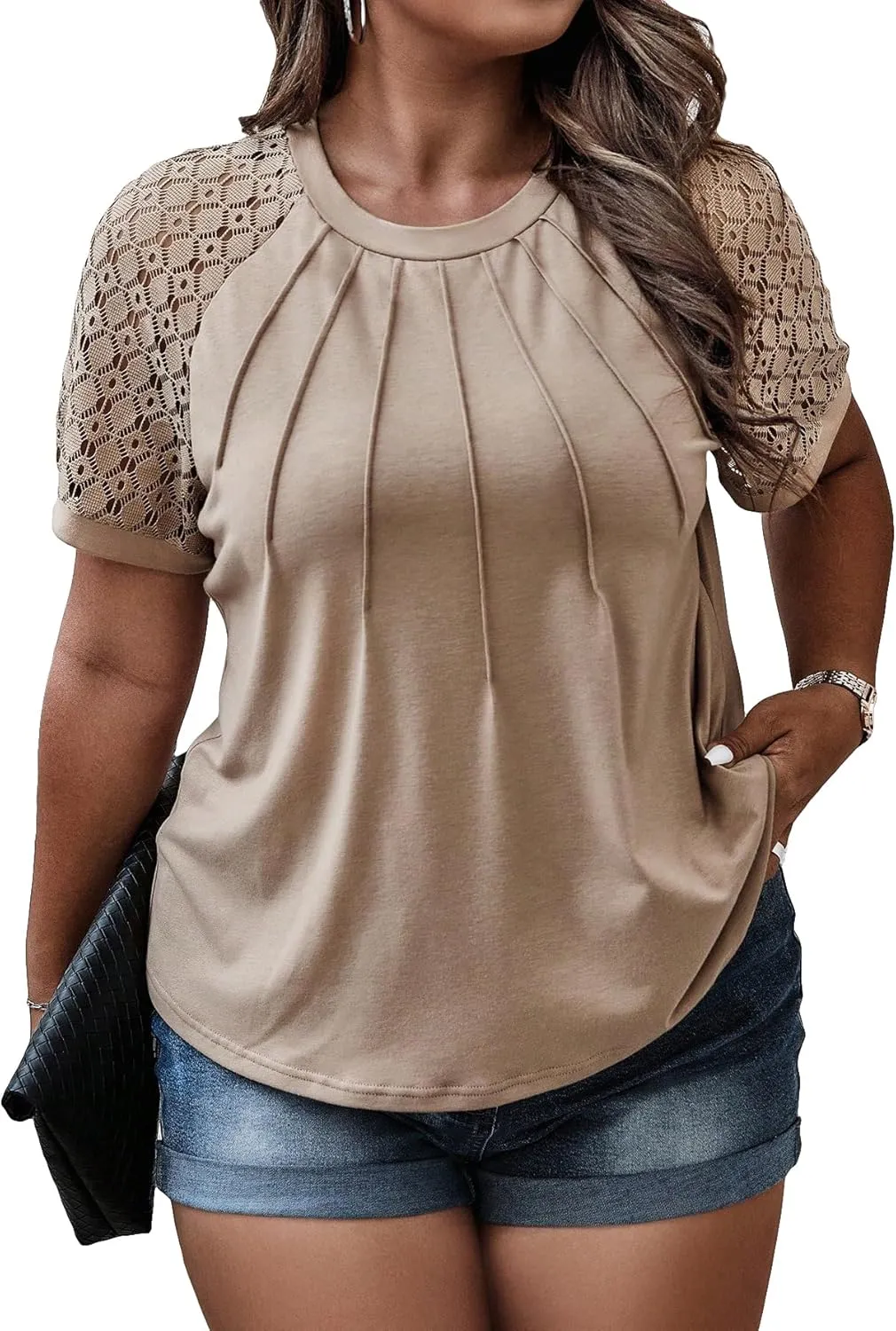 SOLY HUX Women's Plus Size Contrast Lace Short Sleeve Tee Round Neck Summer T Shirt Tops