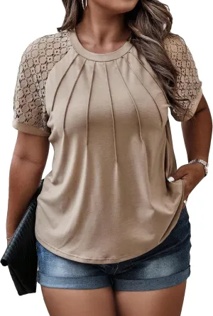 SOLY HUX Women's Plus Size Contrast Lace Short Sleeve Tee Round Neck Summer T Shirt Tops