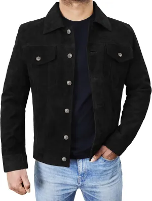 SpazeUp Mens Logan Trucker Jacket Brown Suede Leather Western Cowboy Coat - Premium Suede Leather Casual Outerwear