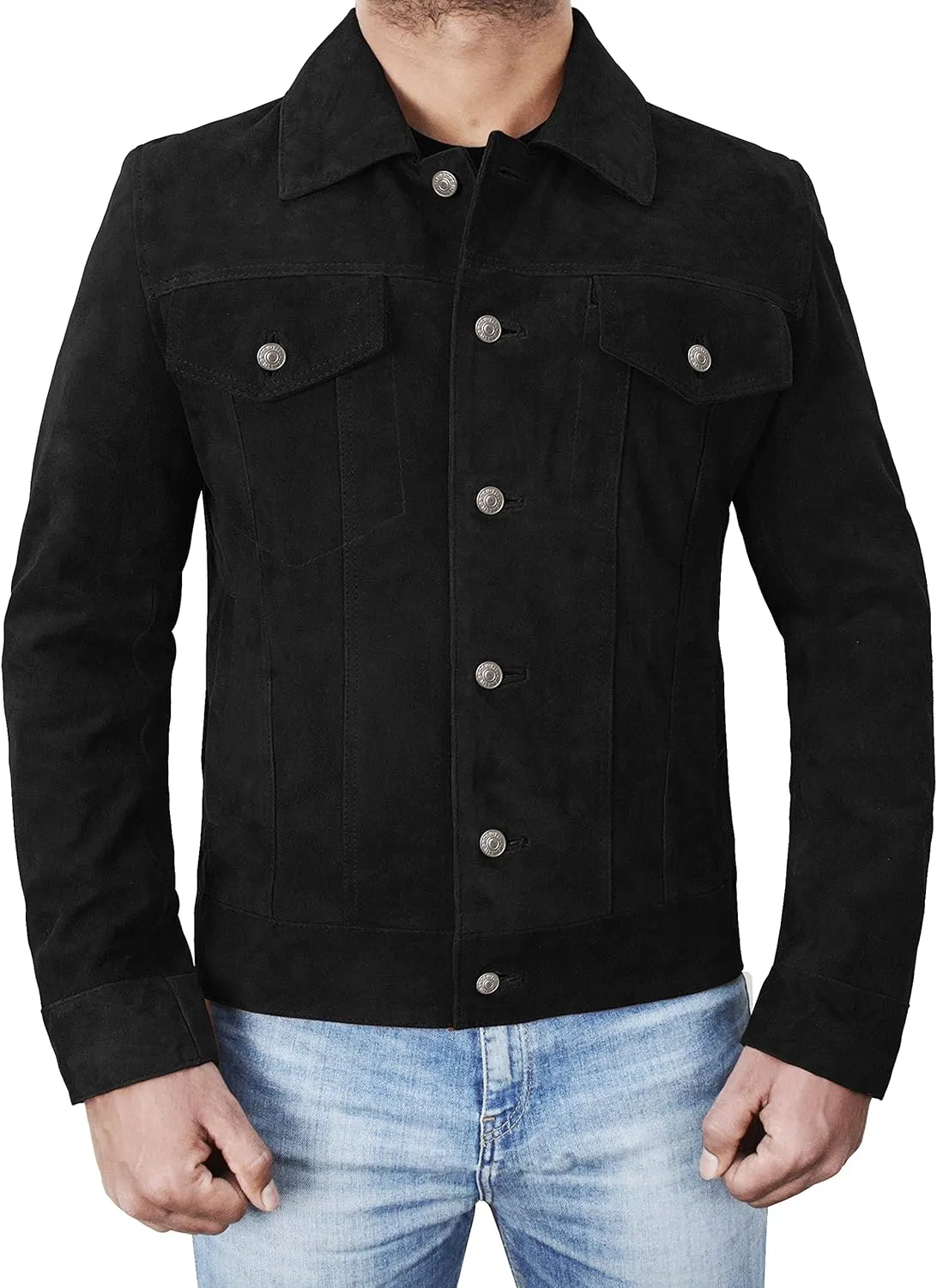 SpazeUp Mens Logan Trucker Jacket Brown Suede Leather Western Cowboy Coat - Premium Suede Leather Casual Outerwear