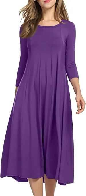 Spring Dresses for Women 2025 Round Neck 3/4 Sleeve A Line Dresses Business Casual Modest Midi Dresses with Pockets