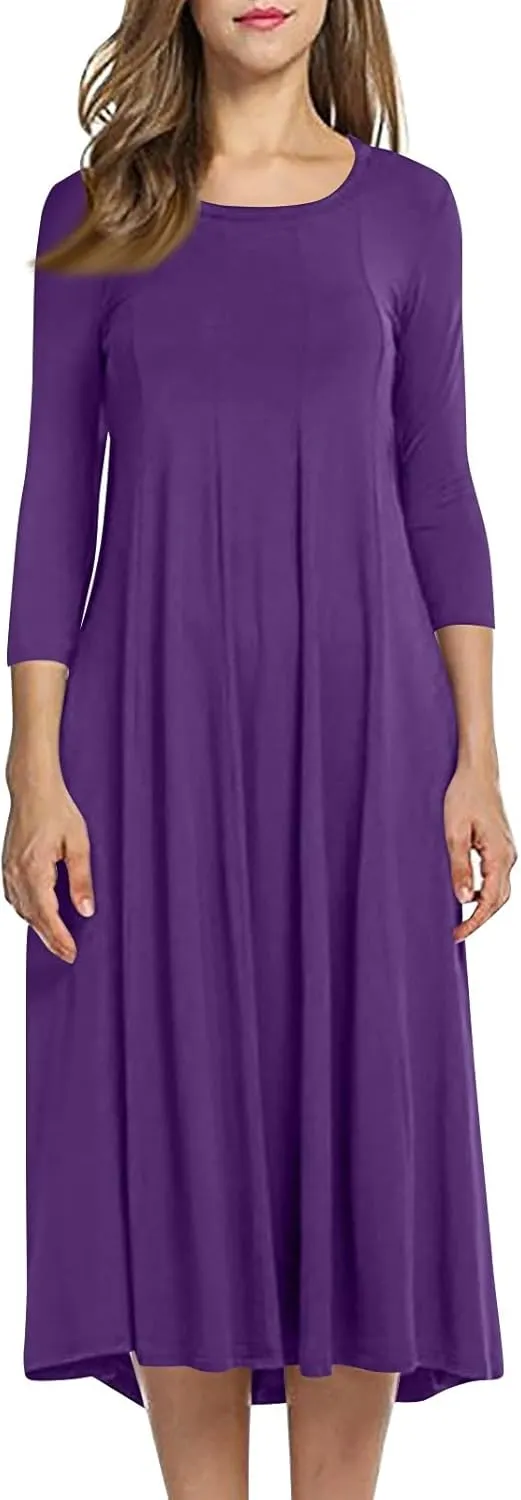 Spring Dresses for Women 2025 Round Neck 3/4 Sleeve A Line Dresses Business Casual Modest Midi Dresses with Pockets