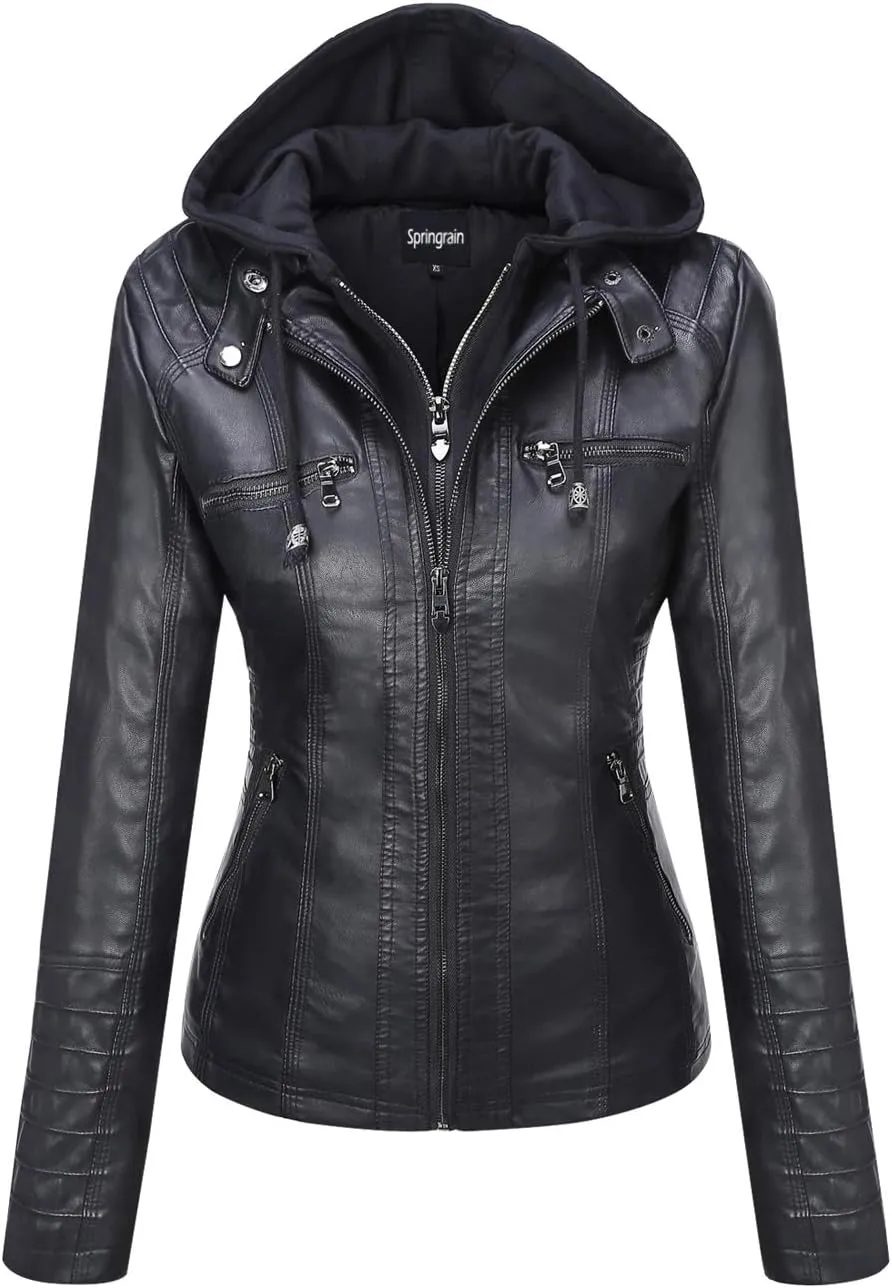 Springrain Women's Faux Leather Jacket Moto Biker Coat with Detachable Hood Motorcycle Jacket